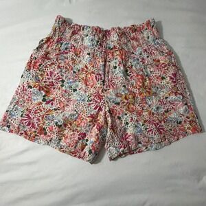 Solitaire Womens Floral Eyelet Smocked Waist Shorts Pink Multi Size L 21-1424A